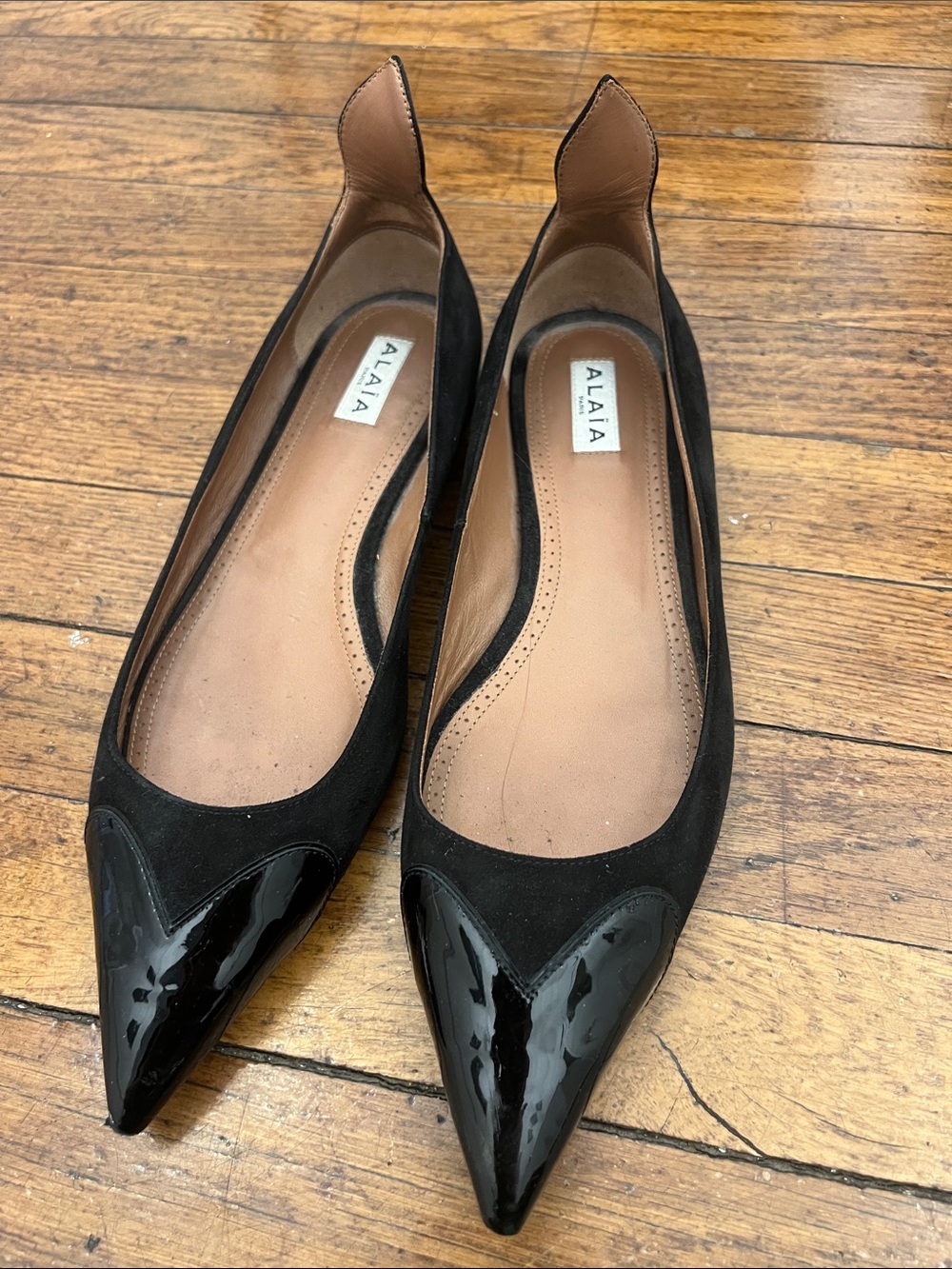 Alaia Black Suede Flats with Glossy Patent Pointed Toes